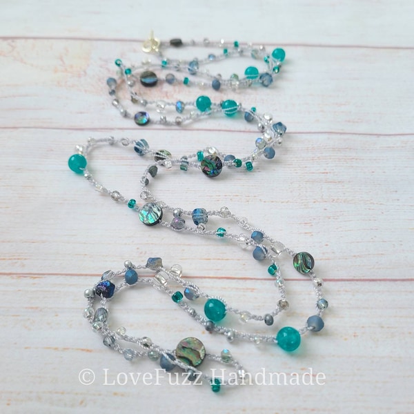 Long Beaded Necklace, Crochet Necklace, Mother of Pearl, Abalone Bead Necklace, Beaded Bracelet, Sparkly Jewelry, Boho Jewelry For Women