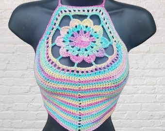 Mandala Crochet Halter Top, Crochet Bralette, Crochet Bikini Top, Boho Crop Top, Music Festival Top, Pastel, Colorful Clothing,MADE TO ORDER