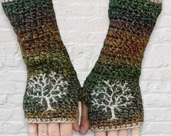 Armwarmers with Tree of Life Embroidery, Green Red Purple Beige, Fingerless Gloves, Gifts for Women, LoveFuzz, Women's Crochet Armwarmers