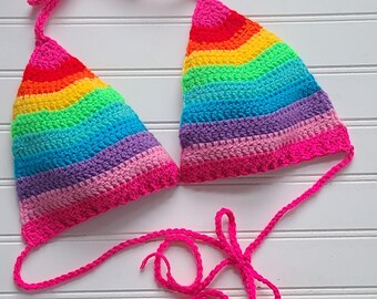 Pastel Rainbow Crochet Bikini Top, Rainbow Halter Top, Crop Tops for Women, Crocheted Bralette, Lgbtq Pride Shirt, Rainbow Bikini