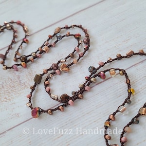 Czech Glass Bead Necklace, Boho Jewelry, Long Beaded Necklace, Wrap Bracelets for Women, Crochet Necklace, Sparkly Jewelry, Earth Tone