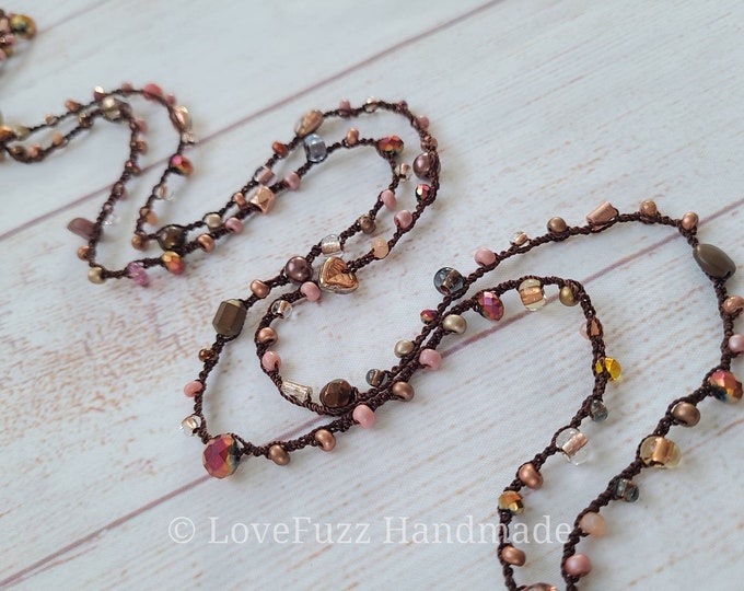 Crochet Czech Glass Bead Necklace: Rose Gold Boho Wrap Bracelet