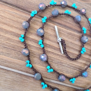 Crochet Beaded Choker: Turquoise & Purple Czech Glass, Boho Style