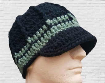Mens Winter Hat, Unisex Striped Beanie, Wool Brimmed Hat, Mens Striped Hat, Black, Green, Beanies for Guys, Gifts for Men, MADE TO ORDER