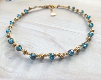 Teal Blue Crystal Beaded Necklace, Gold Boho Choker, Delicate Glass Bead Necklace, Minimalist Layering Necklace, Handmade Bohemian Jewelry