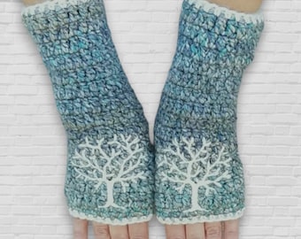 Women's Armwarmers with Tree of Life, Blue, Aqua, and Cream, Fingerless Gloves , Tree Gloves, Boho, Gifts for Women, MADE TO ORDER