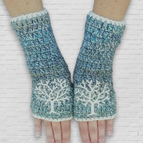 Women's Armwarmers with Tree of Life, Blue, Aqua, and Cream, Fingerless Gloves , Tree Gloves, Boho, Gifts for Women, MADE TO ORDER