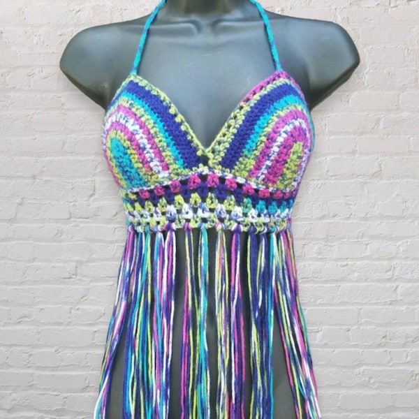 Fringe Bikini Top, Crochet Halter Top, Crop Top For Woman, Music Festival Halter, Bralettes for Women, Boho style shirt, purple, green