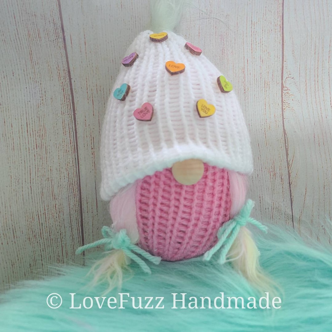 Pastel Rainbow Girl Gnome, Valentine Gnome, Knit Plush, Conversation