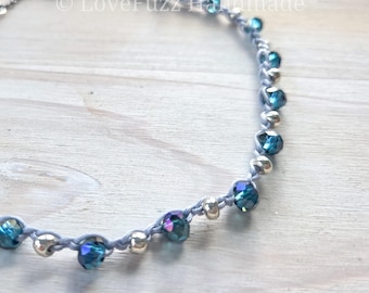 Blue Crystal Beaded Necklace, Silver Boho Choker, Delicate Glass Bead Necklace, Minimalist Layering Necklace, Handmade Bohemian Jewelry
