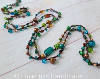 Long Glass Beaded Necklace, Wrap Bracelet,  Crochet Bead Necklace, Teal, Copper, Green, Brown, Gift for Mom, Boho Style-  MADE TO ORDER