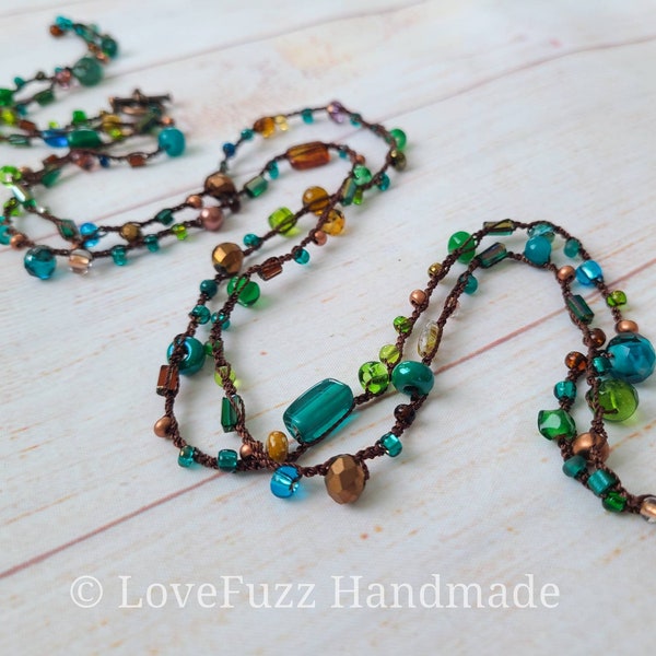 Long Glass Beaded Necklace, Wrap Bracelet,  Crochet Bead Necklace, Teal, Copper, Green, Brown, Gift for Mom, Boho Style-  MADE TO ORDER