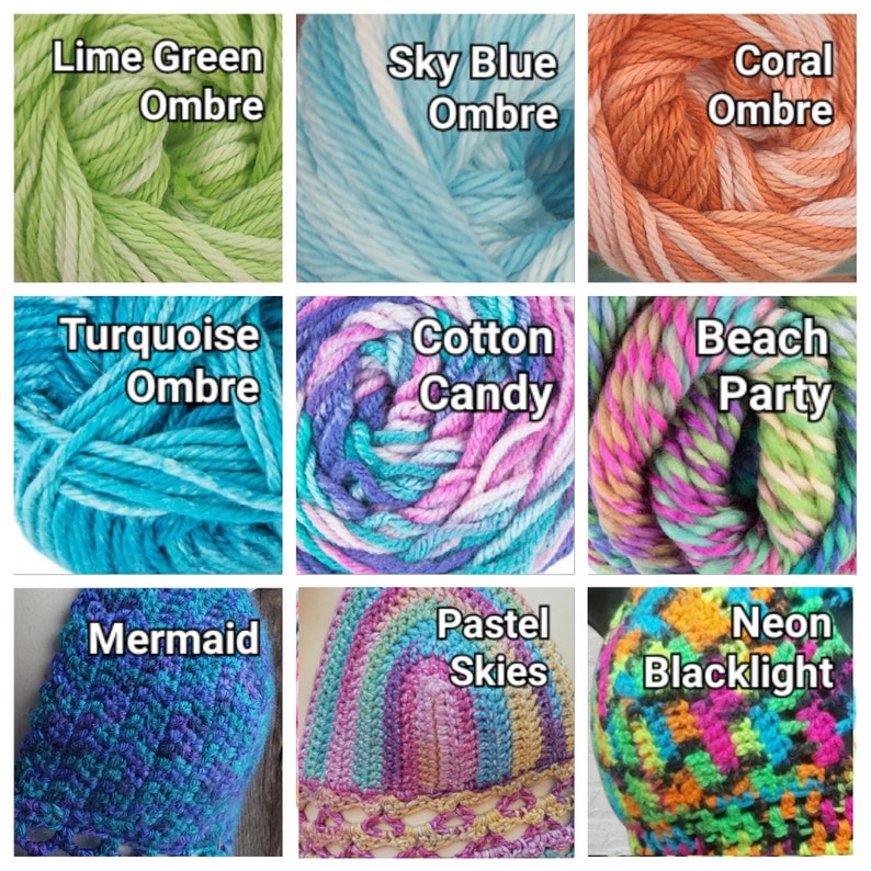 May include: Nine skeins of yarn in various colors and patterns, including lime green ombre, sky blue ombre, coral ombre, turquoise ombre, cotton candy, beach party, mermaid, pastel skies, and neon blacklight.