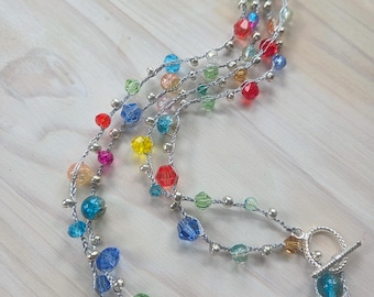 Rainbow Beaded Crochet Necklace, Long Beaded Colorful Statement Jewelry, Metallic Silver Fiber Necklace, Handmade Boho Jewelry. Gift for Her