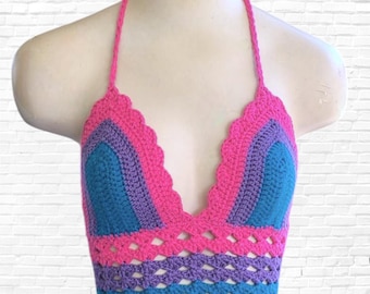 Crochet Bisexual Pride Flag Halter Top: 100% Cotton Bralette