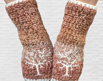 Crochet tree Design Fingerless Gloves, Crochet Pink Orange Wrist Warmers, Nature Inspired Arm Warmers, Christmas Gift for Her, Ready to ship