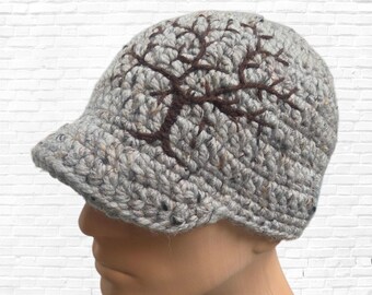 Wool Brimmed Beanie: Gray Winter Cap with Embroidered Tree, Warm Winter Hat with Brim, Boho Hippie Winter Hat,