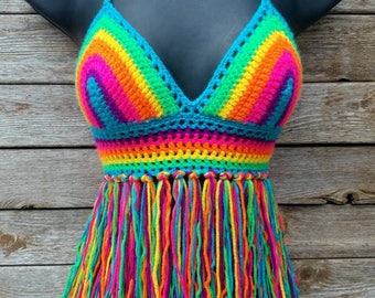 Crochet Halter Top / Crochet Bikini Top / Boho Top / Fringe Bikini Top / Bohemian Hippie Top / Neon Rainbow Tribal Top / MADE TO ORDER