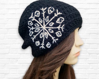 Women's Winter Slouch Hat with Embroidered Snowflake, Black Women's Beanie, Gifts for Women, Winter Toque, Black Hat MADE TO ORDER