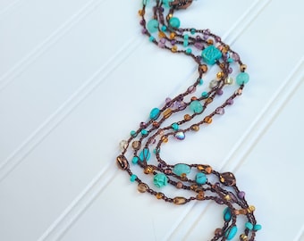 Glass Bead Necklace, Aqua,  Purple, Copper Long Necklace, Wrap Bracelet, Teal, Lavender, Copper, Brown, Long Beaded Necklace, MADE TO ORDER