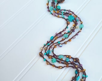Long Glass Bead Necklace: Aqua, Lavender, Copper Crochet Wrap Bracelet
