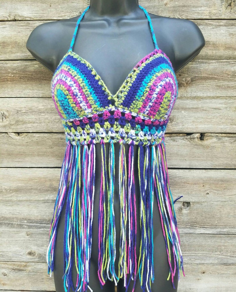 Colorful Crochet Fringe Bikini Top Boho Fringe Halter Top Etsy Canada