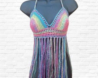 Crochet Bikini Top with Fringe, Pastel Crochet Bikini Top, Crop Top, Pink, Blue, Green, Colorful Crochet Halter Top, Bralette, Made To Order