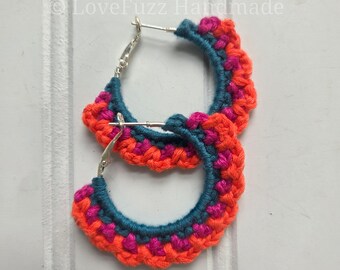 Boho Crochet Hoop Earrings: Teal, Magenta, Orange Yarn Jewelry