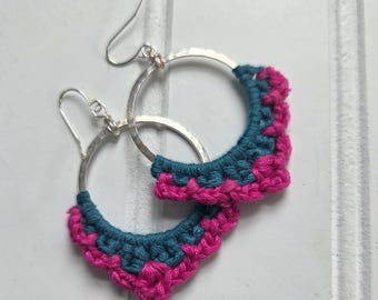 Boho Crochet Hoop Earrings: Teal & Magenta Yarn, Lightweight Statement Jewelry