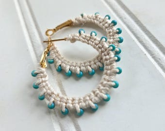Crochet Hoop Earrings: Black Cotton Thread, Turquoise Glass Beads, Nickel-Free