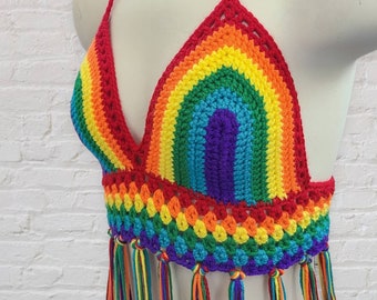 Crochet Halter Top with Fringe, Bohemian Hippie Top, Rainbow Crochet Bikini Top, Women's Bikini Top, Colorful Crochet Top,MADE TO ORDER