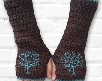 Armwarmers with Tree of Life Design, Dark Brown, Teal, Fingerless Gloves, Winter Gloves, Christmas gift for Her, Warm Winter Accessories