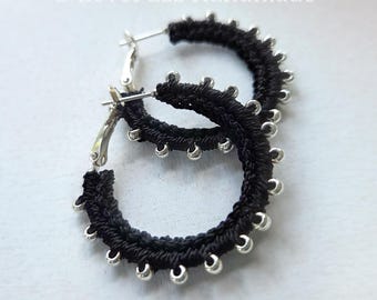 Crochet Hoop Earrings: Black Cotton Thread & Silver Glass Beads