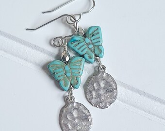 Turquoise Butterfly Dangle Earrings, Boho Jewelry, Turquoise and Silver Earrings, Nickel Free, Hypoallergenic Earrings, Gift for Boho Sister