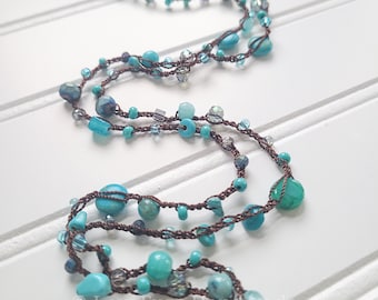 Long Beaded Necklace, Glass Bead Necklace Wrap Bracelet, Turquoise Blue, Silver, Blue Bead Bracelet, Womens Accessories MADE TO ORDER