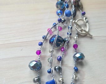 Blue Beaded Crochet Necklace, Metallic Silver Statement Necklace, Handmade Fiber Art Jewelry, Galaxy Inspired Gift for Her, Boho  Jewelry