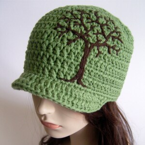 Brimmed Beanie with Tree of Life Embroidery, Women&#39;s Hat with Brim, Cotton Hat for Men, Sage Green, Brimmed Hats for Women, Hippie, Unique