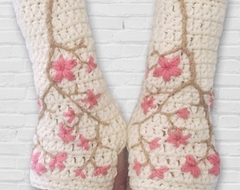 Women's Wool Armwarmers with Embroidered Cherry Blossoms, Cream and Pink, Wool Winter Gloves, Gifts for Women, Pink Flowers,  MADE TO ORDER