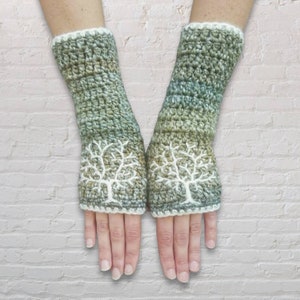 Womens Tree of Life Arm Warmers, Embroidered Fingerless Gloves, Green and Cream Fingerless Gloves, Wrist Warmers, Boho Winter, MADE TO ORDER image 1