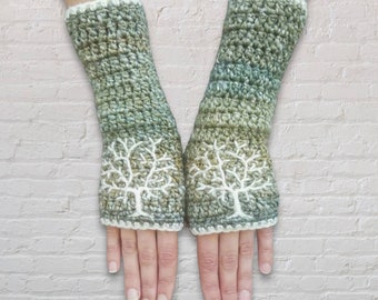 Womens Tree of Life Arm Warmers, Embroidered Fingerless Gloves, Green and Cream Fingerless Gloves, Wrist Warmers, Boho Winter, MADE TO ORDER