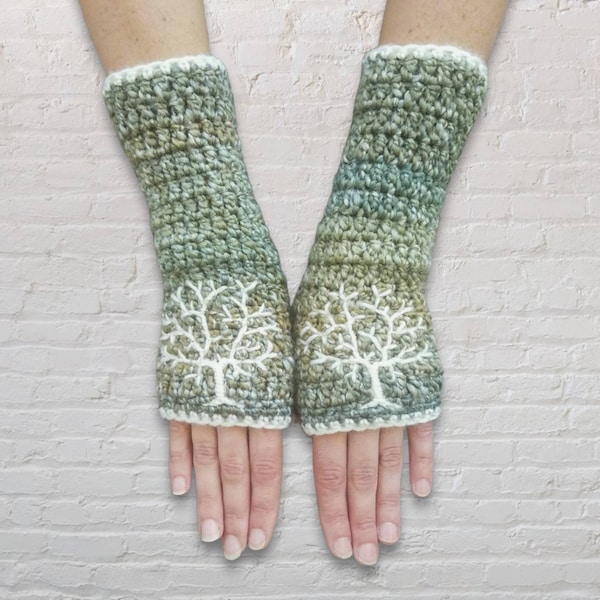 Womens Tree of Life Arm Warmers, Embroidered Fingerless Gloves, Green and Cream Fingerless Gloves, Wrist Warmers, Boho Winter, MADE TO ORDER