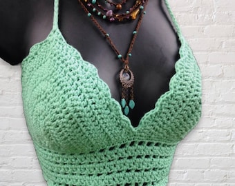 Crochet Bikini Top, Crochet Halter Top, Mint Green Bikini Top, Boho Crochet Bralette, Crochet Crop Top, Cotton Bikini for her, MADE TO ORDER