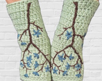 Arm Warmers with Cherry Blossom Embroidery, Women's Fingerless Gloves, Christmas Gift for Her, Pale Green Winter Accessories,