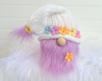 Pastel Flower Gnome, Spring Gnome, Knit Plush Gnome, Velvet Gnome, Small Plush, Pastel Spring Decor, Floral Gnome, Tiered Tray MADE TO ORDER