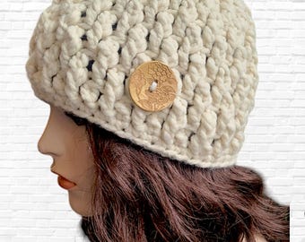 Cream Wool Crochet Beanie with Wood Button - Winter Hat