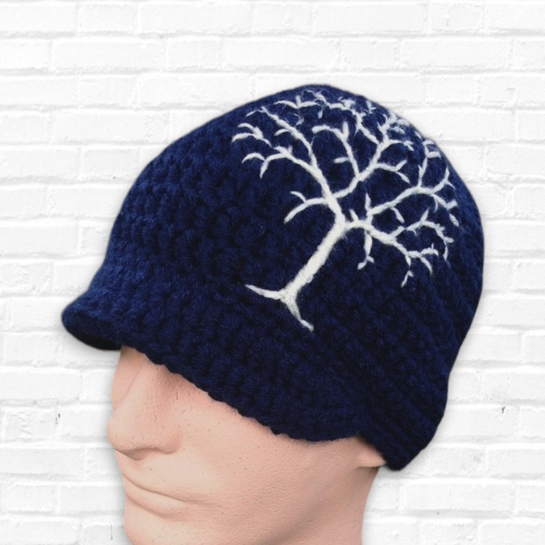 Mens Winter Hat with Brim and Tree of Life, Embroidered Navy Blue Winter Hat, Thick Women's Beanie, Crochet Hat, Gift for her, MADE TO ORDER image 2