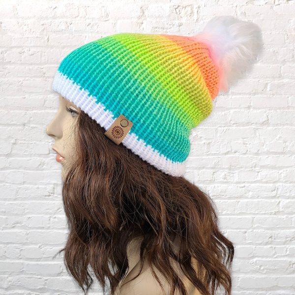 Slouchy Beanie for Women, Knit Winter Hat with Pom Pom, Pastel Rainbow Hat, Womans Winter Hat, Gift for Woman Friend, Colorful Beanie