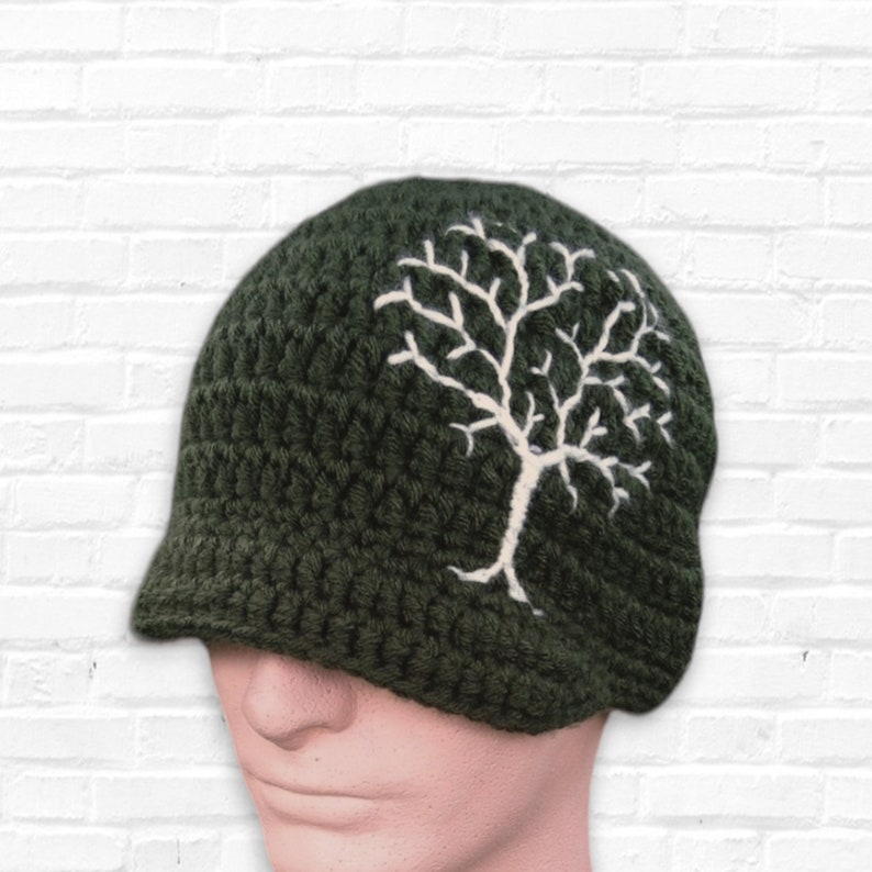 Winter Hat with Tree of Life, Brimmed Beanie, Mens Hat, Woman's Hat, Tree Hat, Dark Green and Cream Beanie, Gifts for guys, MADE TO ORDER image 3