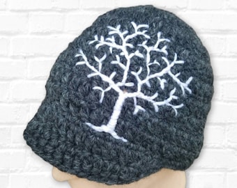 Wool Brimmed Hat with Tree of Life Design, Gray and White, Wool Winter Cap, Grey Beanie, Mens Hat Winter, Brimmed Hat, Gift for Man Unique