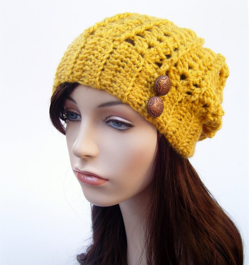 Womens Lacy Slouchy Winter Hat, Mustard Yellow with Copper Buttons, Woman's Crochet Beanie, Yellow Hat, Boho Beanie MADE TO ORDER image 2